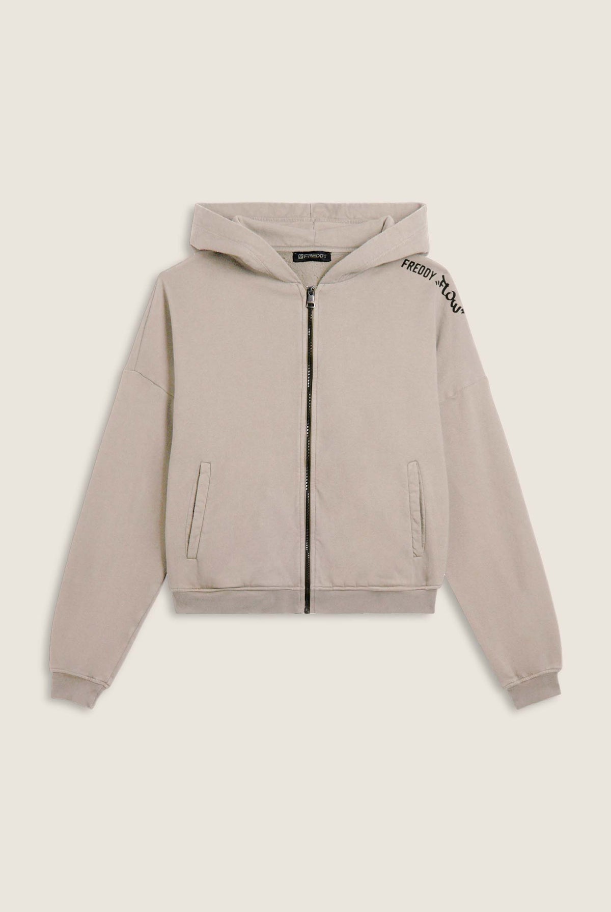 Cropped oversize sweatshirt with zip and Flow print - Crystal Gray