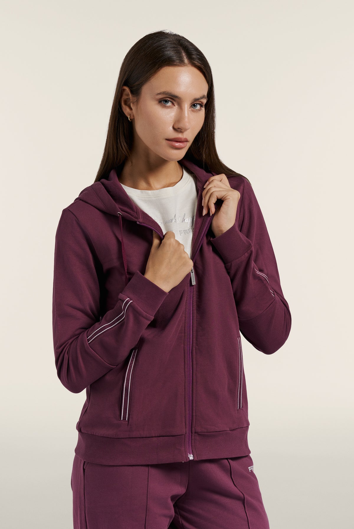 Zip hoodie with logo elastic trims - Mauve Wine