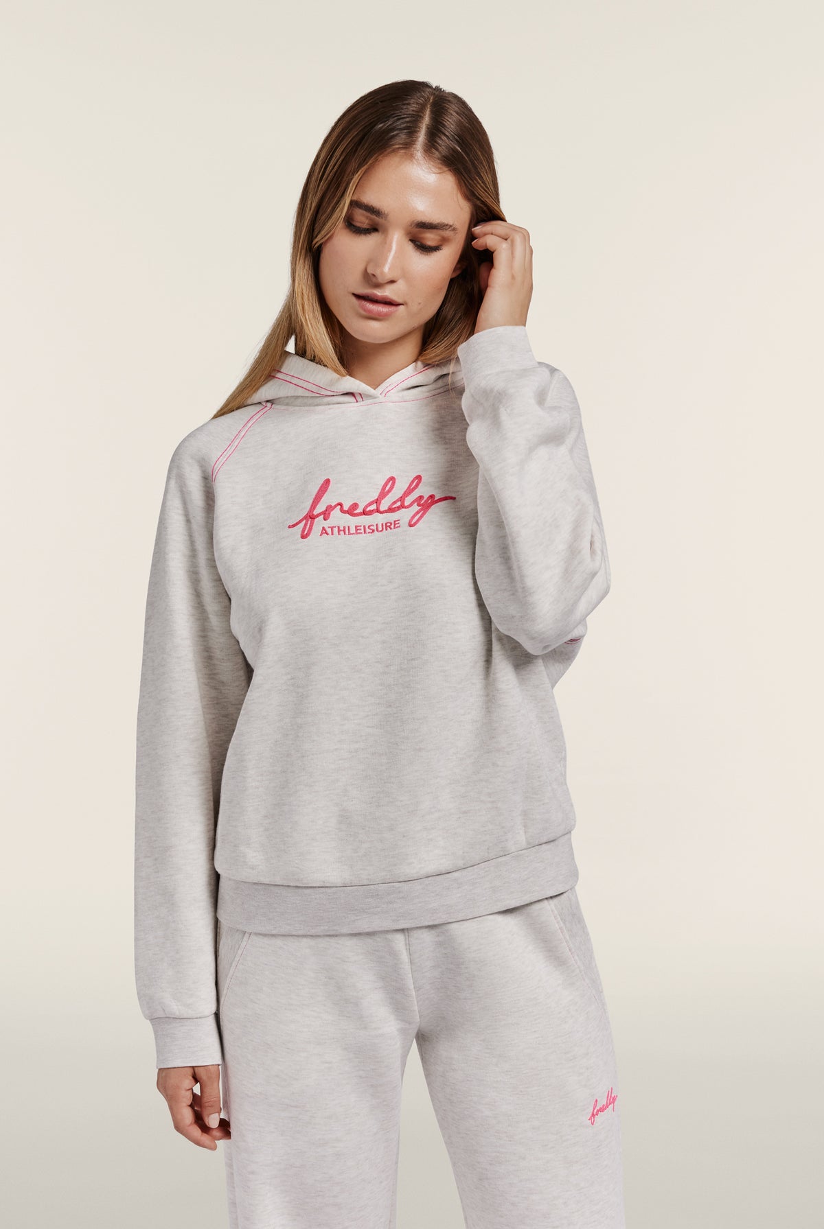 Comfort melange hoodie with neon embroidery - White Melange