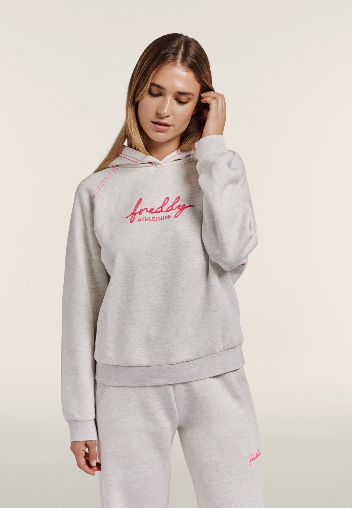 Comfort melange hoodie with neon embroidery - White Melange
