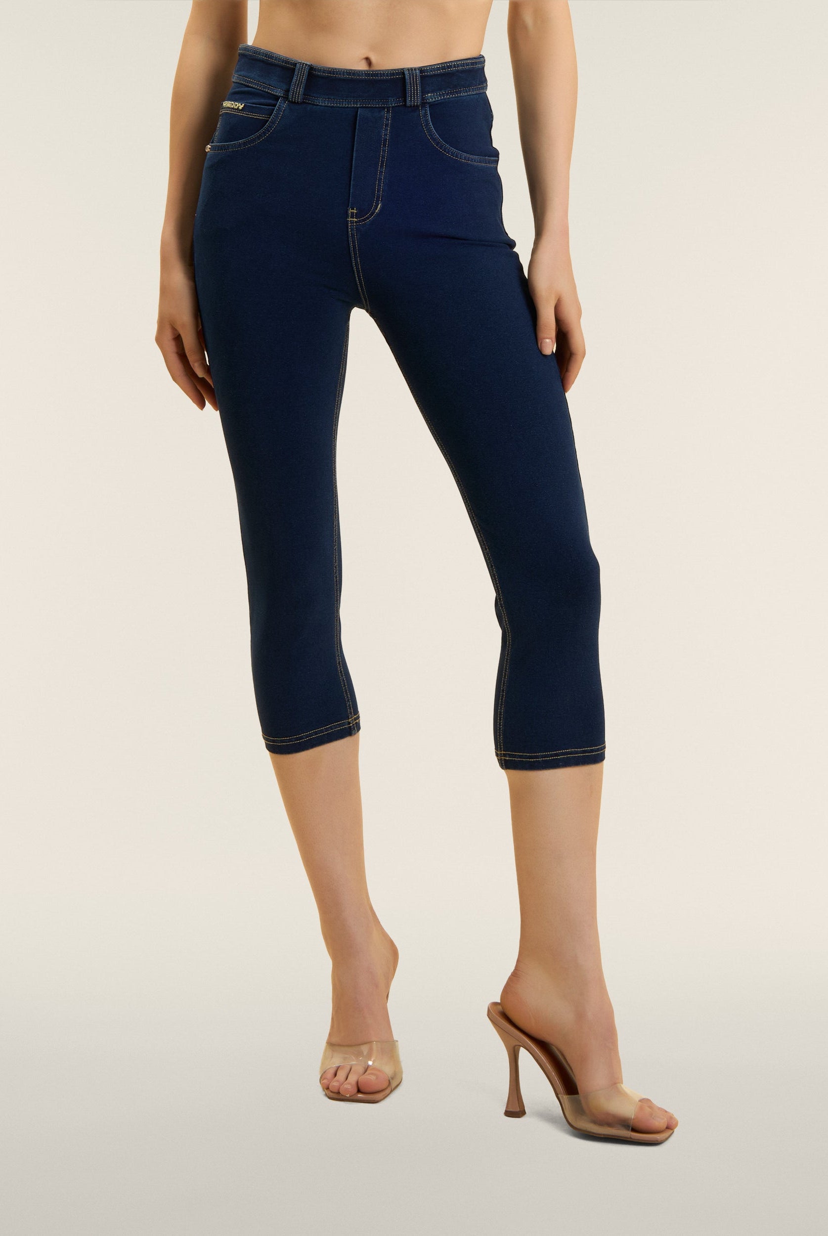 N.O.W. Yoga High Waist Skinny Capri Denim Jeans - Denim Dark Blue - Beige Seam