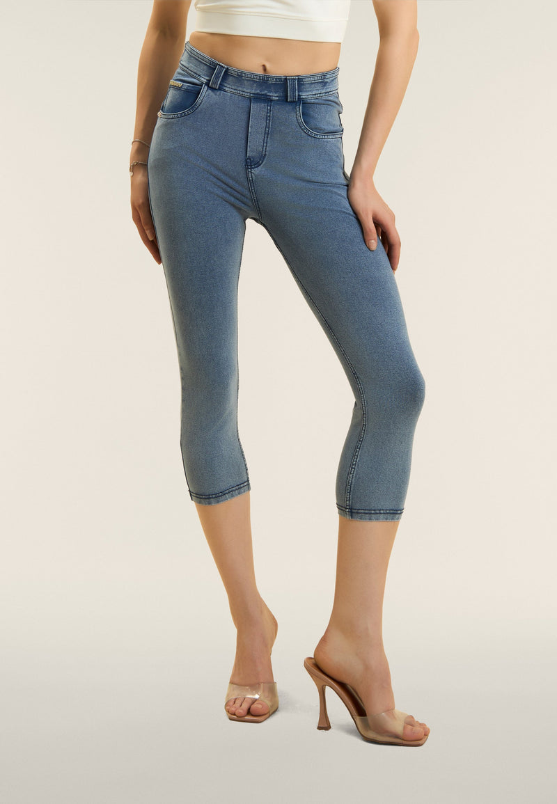 N.O.W. Yoga High Waist Skinny Capri Denim Jeans - Denim Med. Blue - Blue Seam