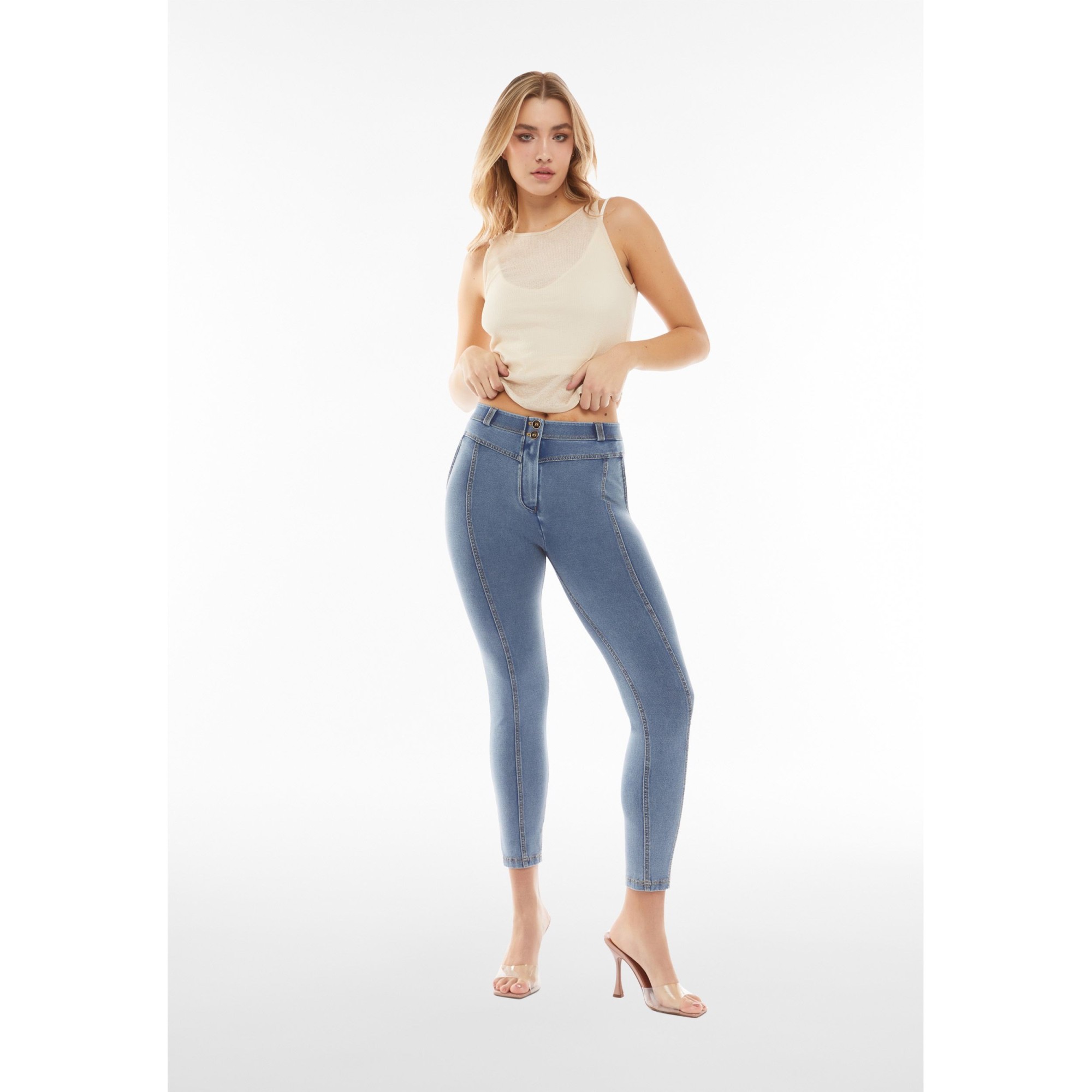 Freddy WR.UP® Jeans - 7/8 Regular High Waist Super Skinny - With Middle Seam - J108Y - Medium Blue - Yellow Seams