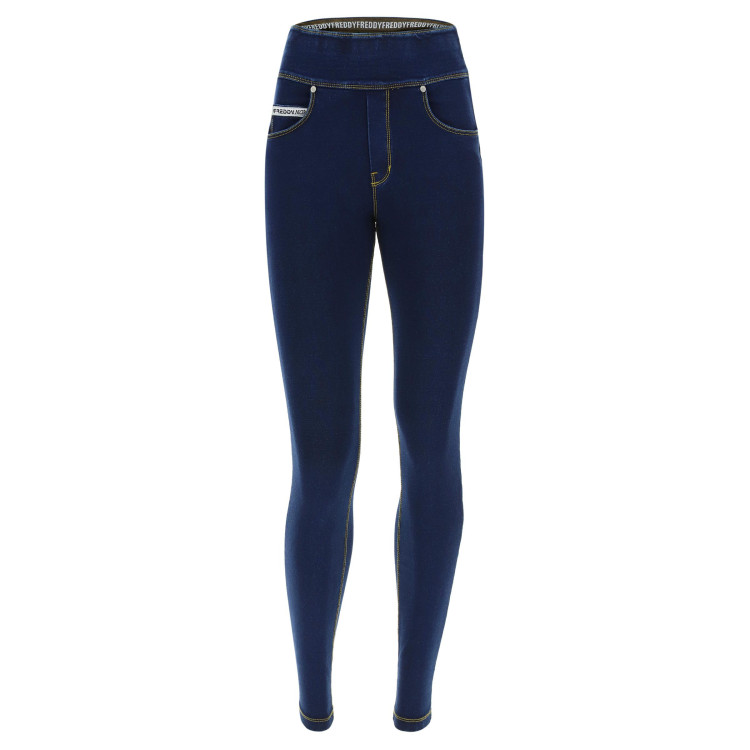 N.O.W® Pants - Mid Waist Skinny - Foldable Waist - J0Y - Mörkblå Denim - Gula Sömmar