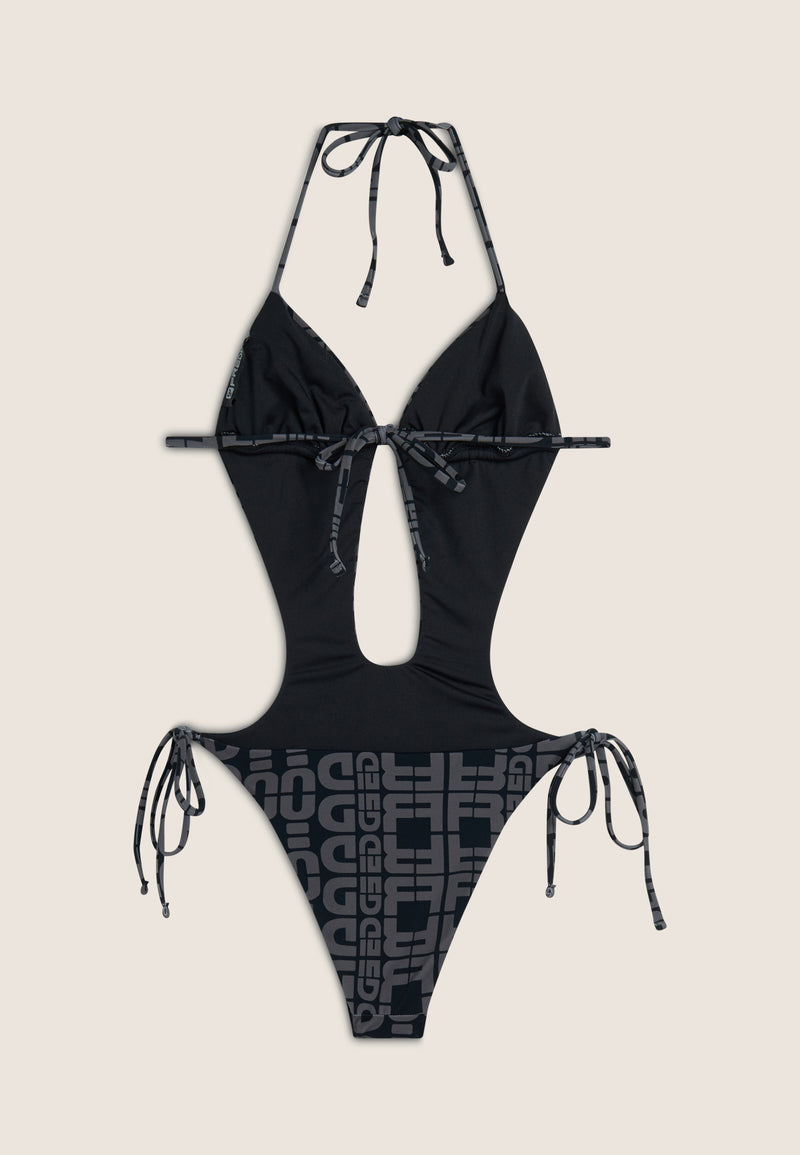 Einteiliger Badeanzug mit Cut-outs und Allover-Logo-Print - BLACK