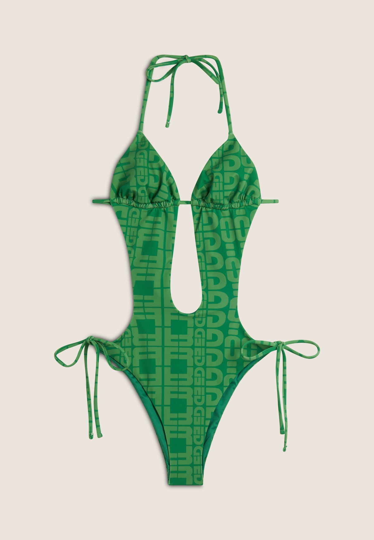 Einteiliger Badeanzug mit Cut-outs und Allover-Logo-Print - GREEN
