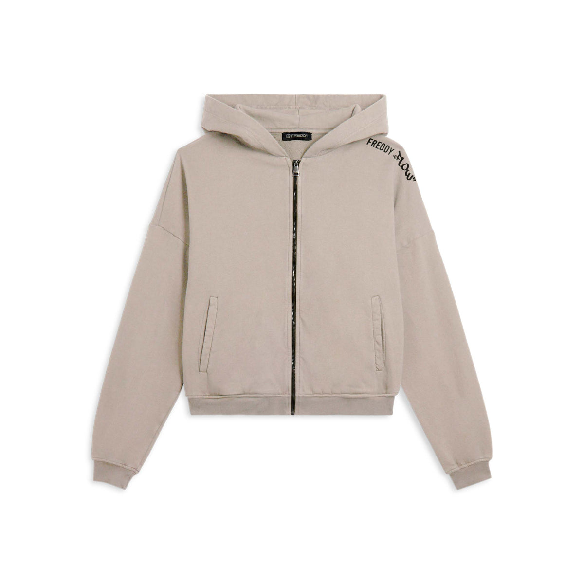 Cropped oversize sweatshirt with zip and Flow print - Crystal Gray