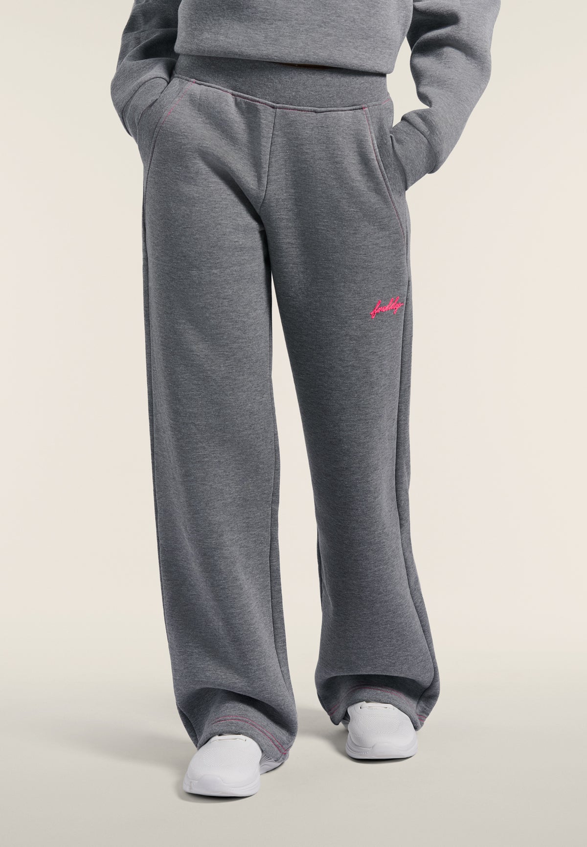 Wide-leg melange trousers with neon pink details - Mélange Gray