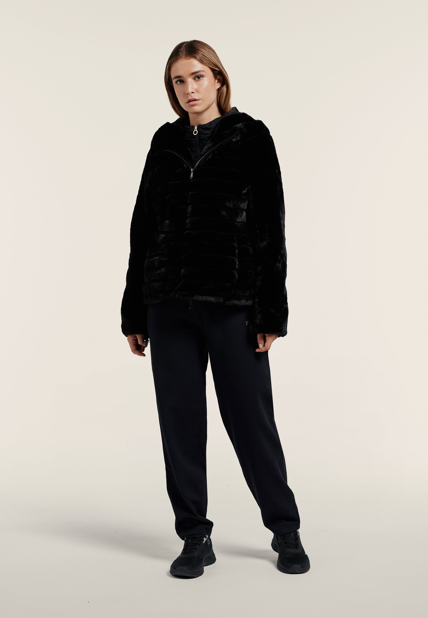 Synthetic fur hooded jacket with striped effect - Black