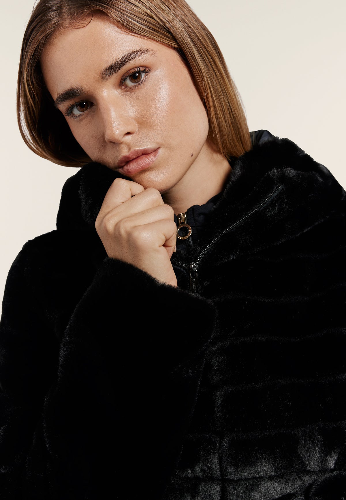 Synthetic fur hooded jacket with striped effect - Black