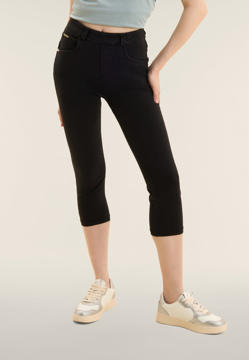 N.O.W. Yoga High Waist Skinny Capri Denim Jeans - Denim Black - Black Seam