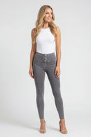 WR.UP Push-Up Button High Waist Skinny 7/8 Denim Jeans - Denim Gray - Yellow Seam